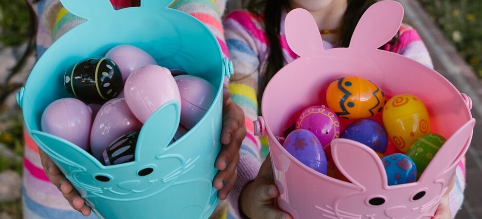 buckets containing easter eggs